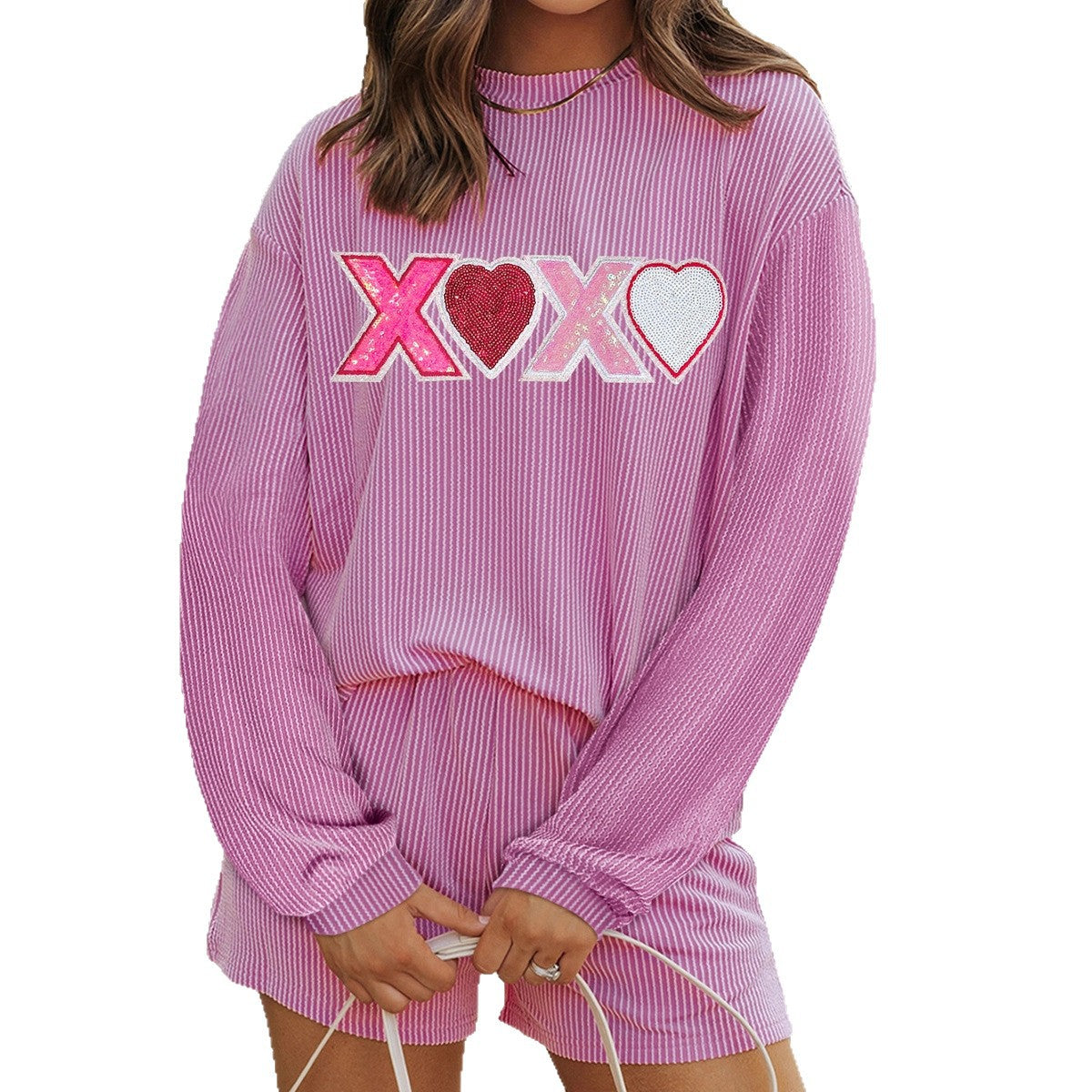Trendy Printed Womens Long-Sleeve Hoodie And Shorts Two-Piece Set