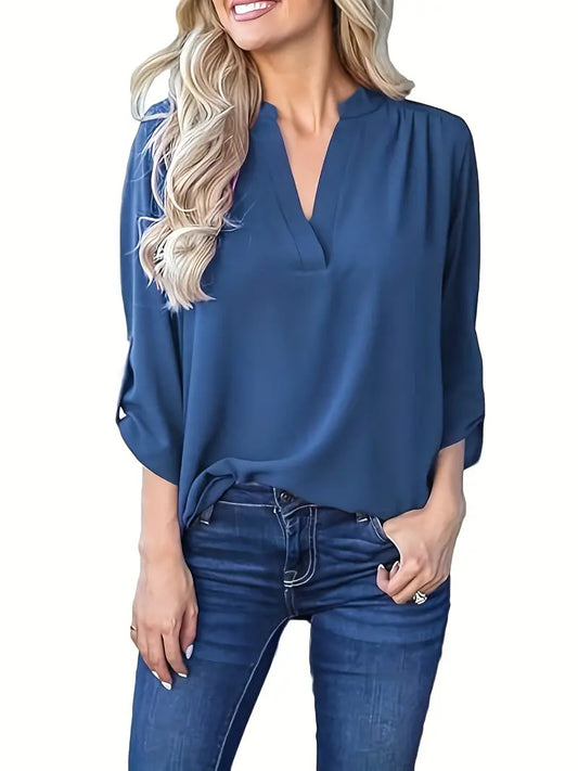 European And American Spring And Autumn V-neck Shoulder Pleated Long Sleeve Chiffon Shirt