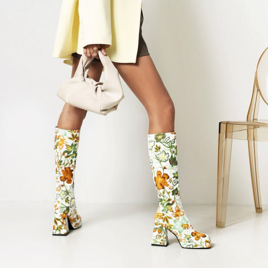 Fashion High Heel Print Square Toe Knight Boots Women