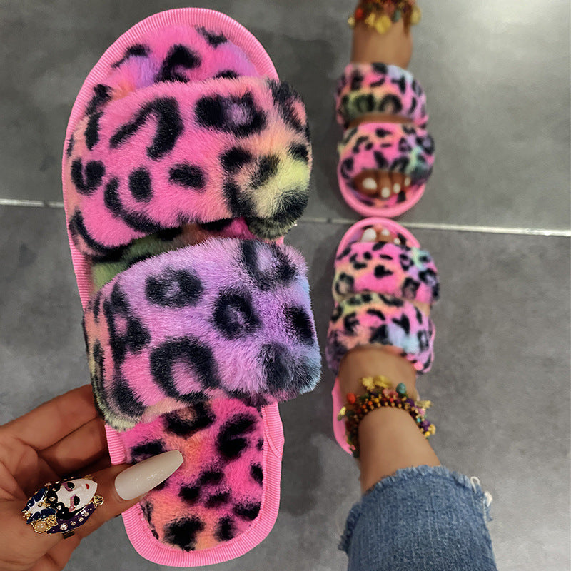 Kvinder Nye Indendørs Fuzzy Leopard Plys Hjemme Flat Med Fuzzy Hjemmesko