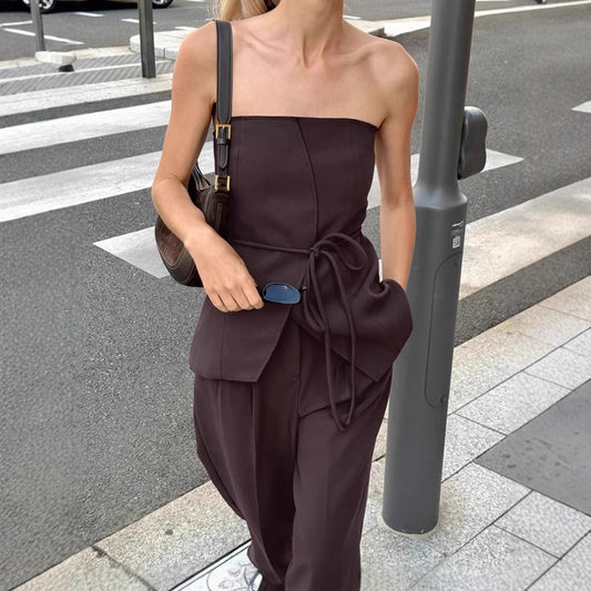 European And American Cross-border Brown Tube Top Wide-leg Pants Two-piece Set Women's Summer Fashion Vest Suit Design Sense Women's Clothing