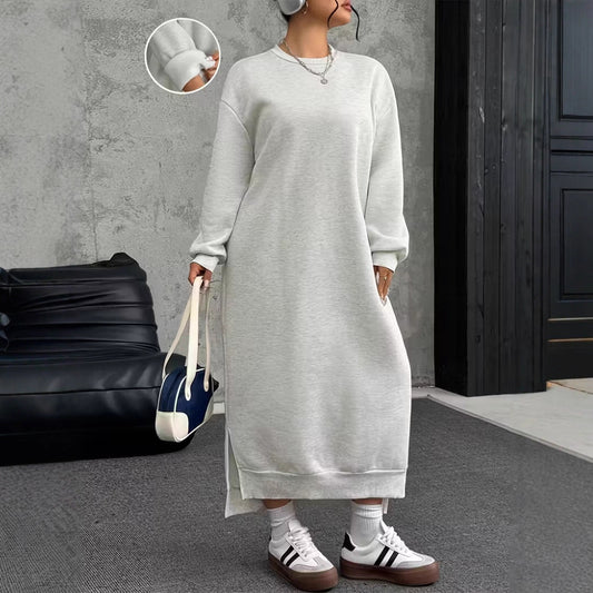 Womens Fleece-Lined Crew-Neck Long-Sleeve Sweater Dress