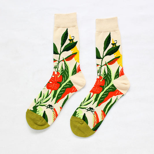 Cotton socks painted with flowers and birds