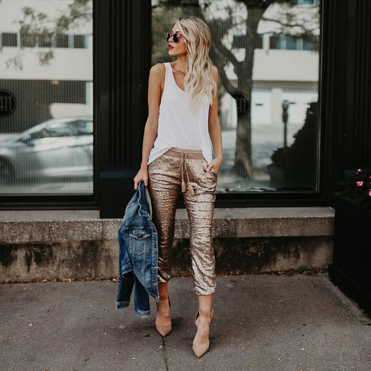 All-match sequined elastic waist tie pants