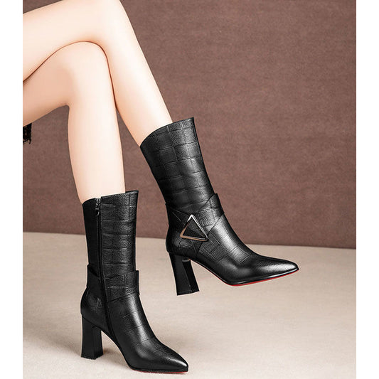 High Heeled Pointed Middle Tube Thick Heeled Plush Boots