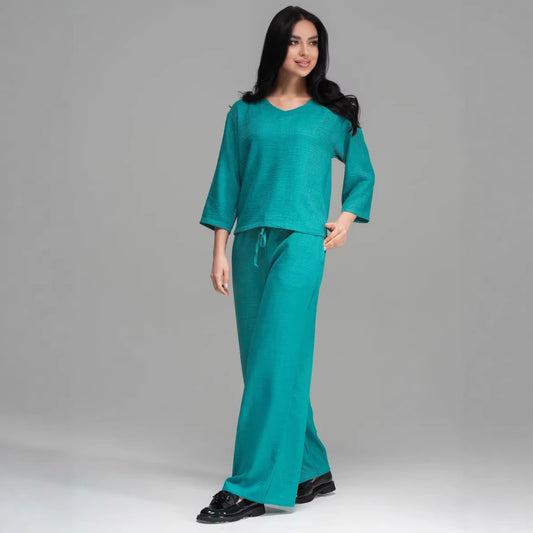 Womens Casual Two-Piece Set Fashionable Solid-Color Loose Cropped-Sleeve Wide-Leg Pants Suit
