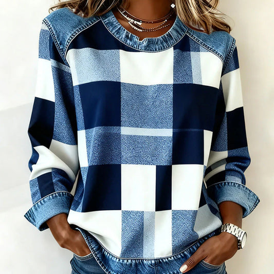 Plaid-Panel Denim Crew-Neck Loose Womens Sweatshirt