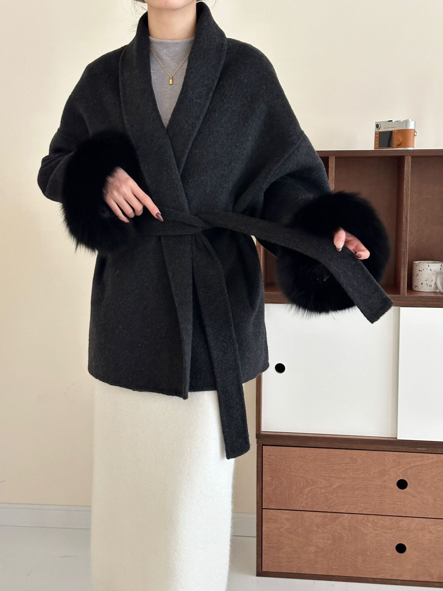 Lace-up Green Collar Double-sided Wool Coat