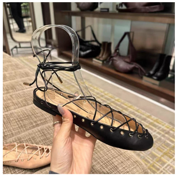 Womens Niche Leather Cross-Strap Ballet Flats Roman Sandals