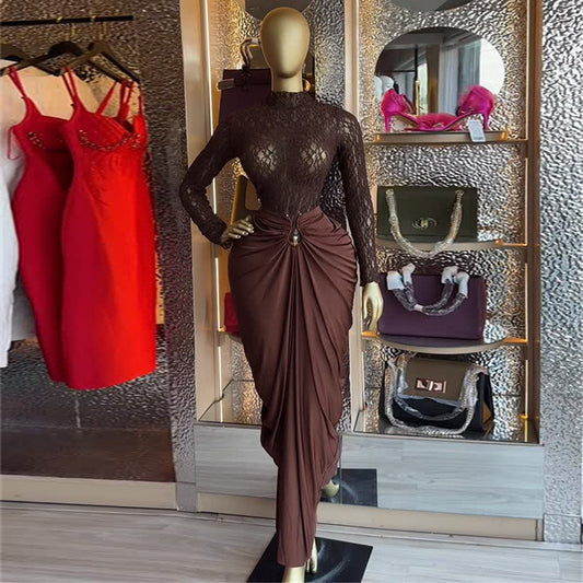 Sweet And Fresh Long-sleeve High-neck Lace Top With A High-waisted Sheath Skirt