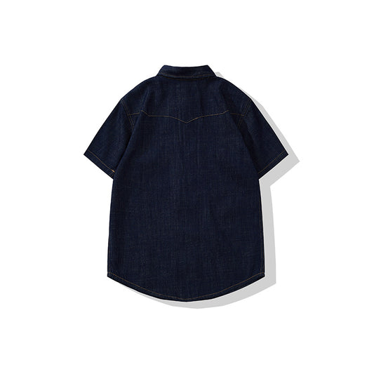American Retro Classic Bag Flower Wash Short Sleeve Denim Shirt