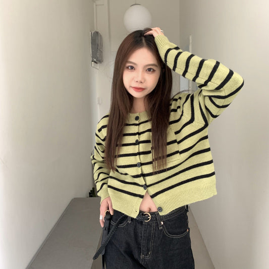 Green Striped Sweater Open Autumn Inner Wear Blouse Long Sleeve Cardigan Retro Cropped Sweater Coat Women