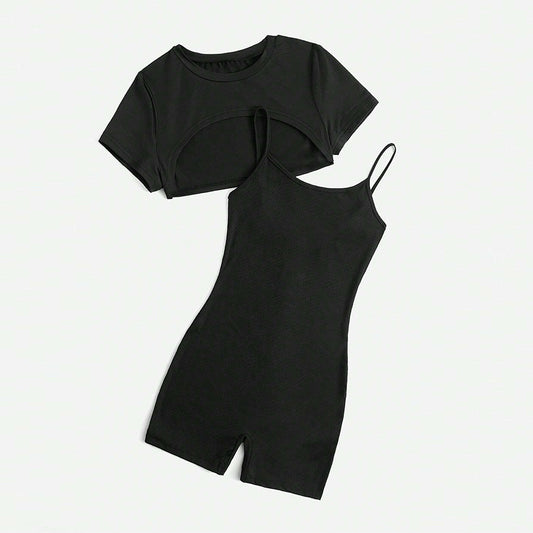 Chic Short Romper Jumpsuit Set With Spaghetti Straps