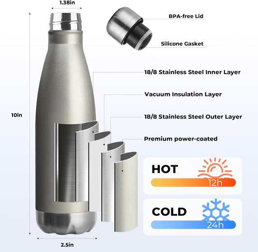 17Oz Sport Water Bottle 12 Pack Vacuum Insulated Stainless Steel Leak-Proof Double Wall Cola Shape Water Bottle,Keep Drinks Hot & Cold (Cold Gray,12 Pack)