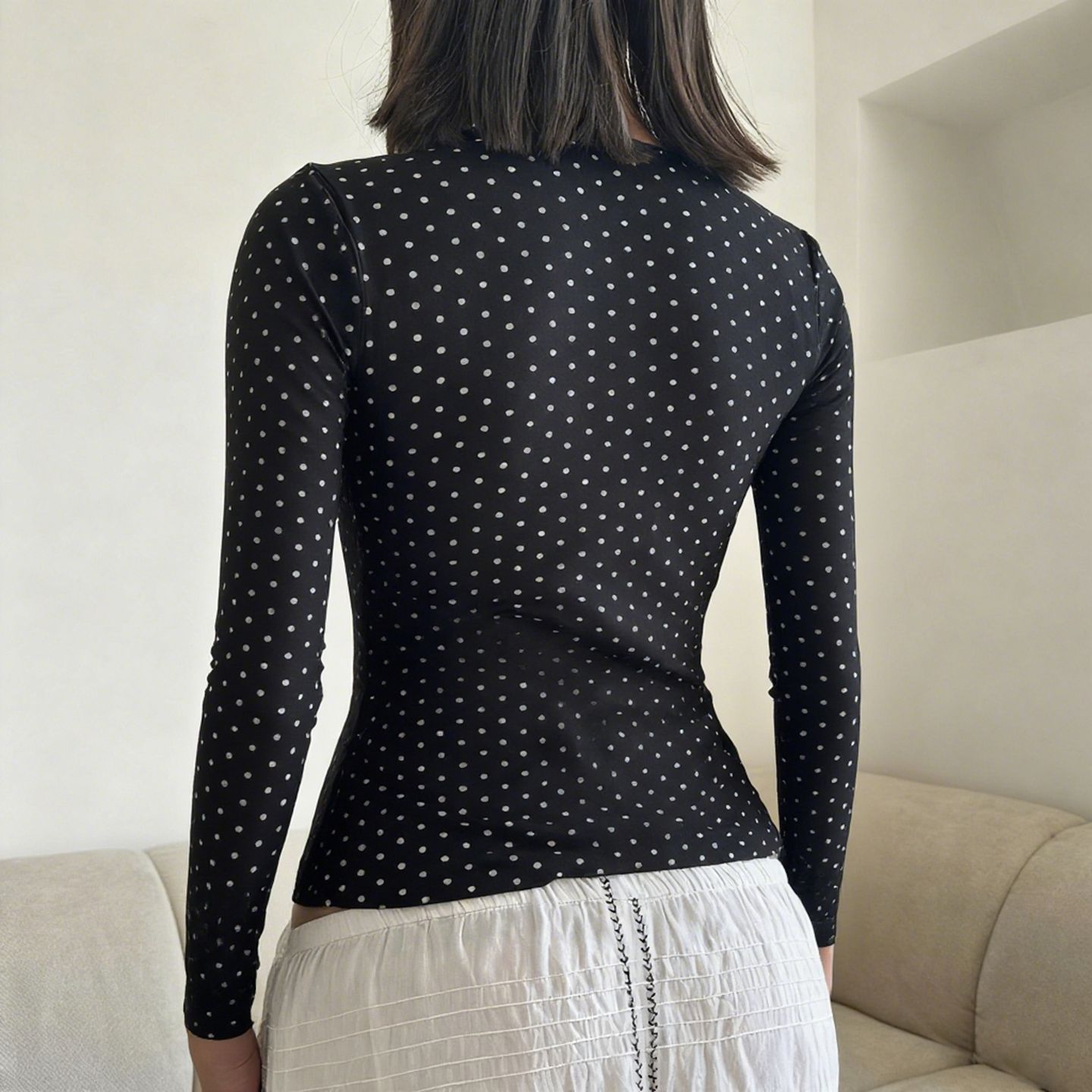 U-neck Slim-fit Low-cut Long-sleeve Faux Two-piece Polka-dot T-shirt