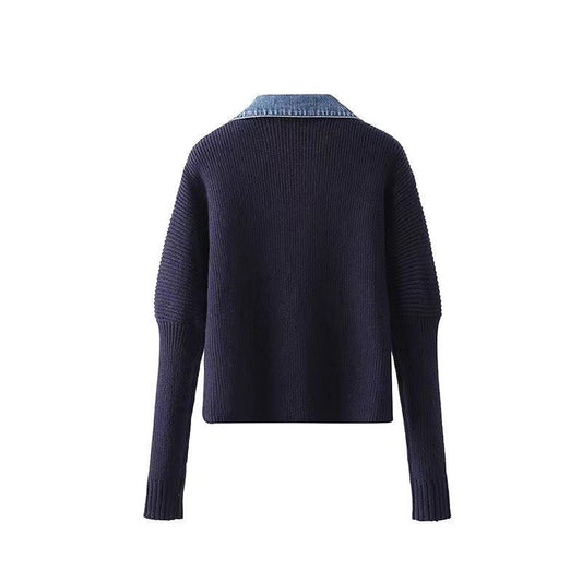 Women's Denim Patchwork Knitting Coat Top
