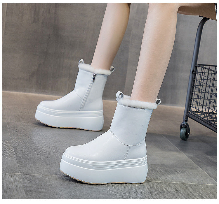 Short Boots Women's Plus Velvet Real Fur Warm Snow Cotton Thick Bottom Muffin Leather Medium Tube Simple