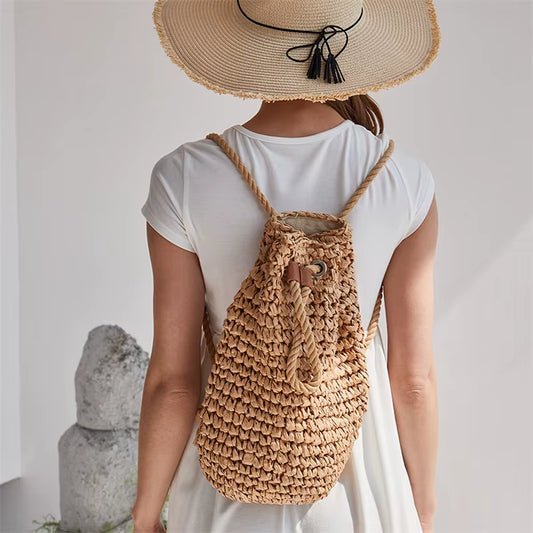 2023 Summer Women's Handmade Straw Backpacks - Casual Drawstring Beach Shoulder Bags in Raffia Rattan Woven Design