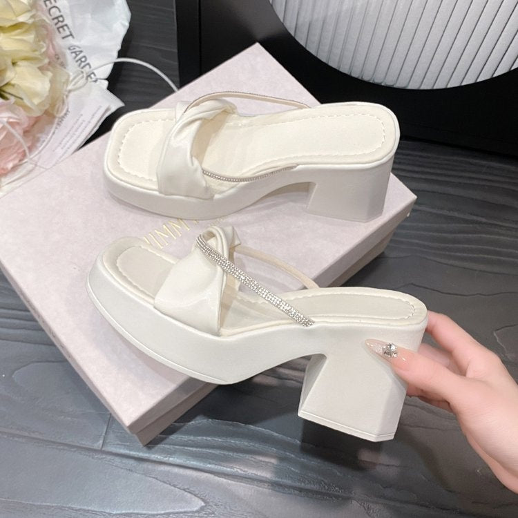 Summer New Women's Block Heel Square Toe Sandals Rhinestone One-Strap Beach Sandals