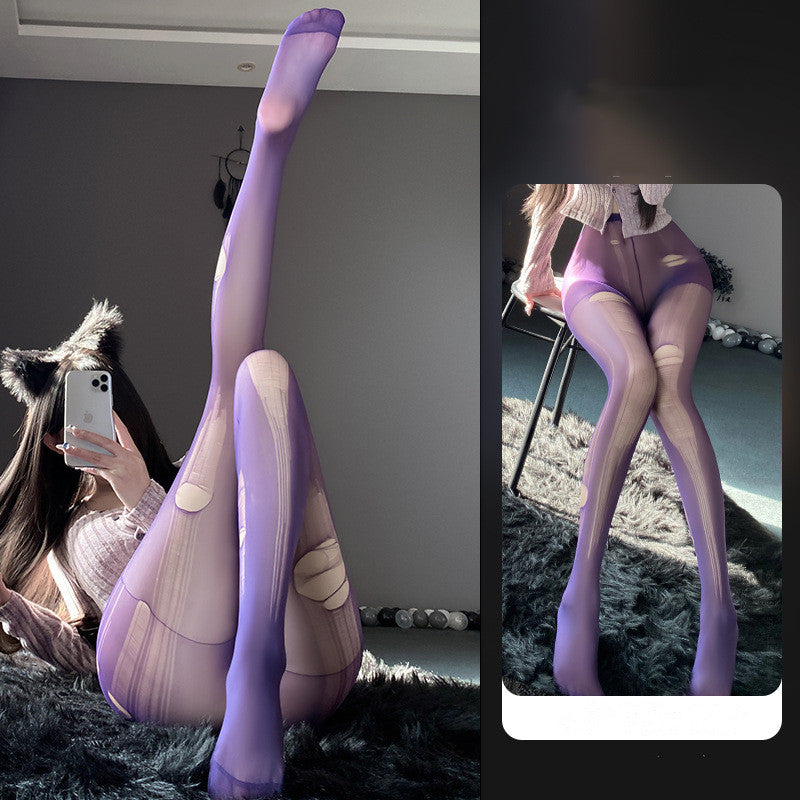 Women's Hand Tear Hollow-out Ripped High Waist Pantyhose