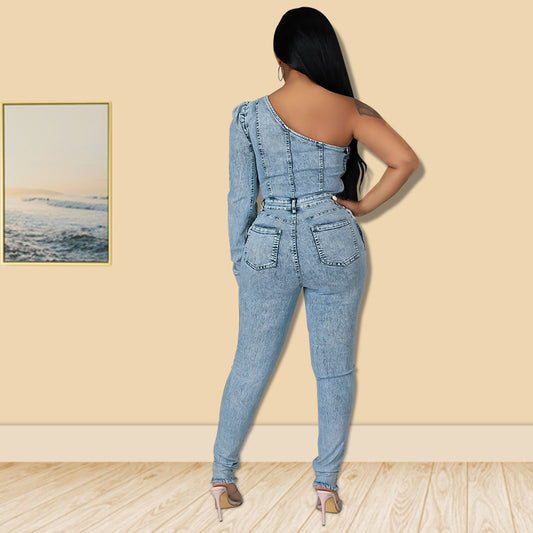 Autumn New Fried Salt Washing Craft Unilateral Sleeve Jumpsuit