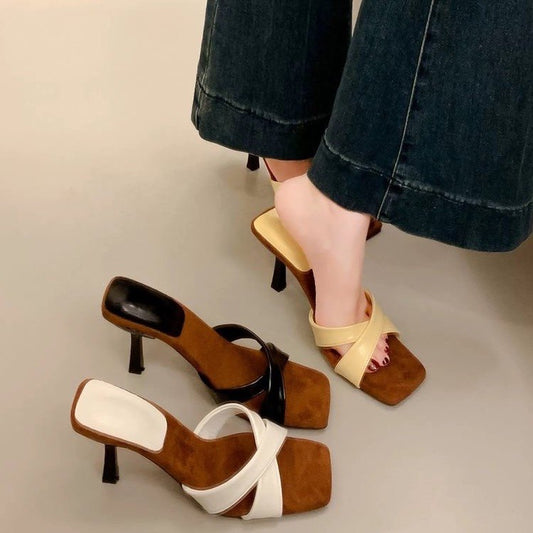 2025 Summer Women's Fashion Square Toe High Heel Slide Sandals, Elegant Large Size Cross Strap Thin Heel Slip On Slippers