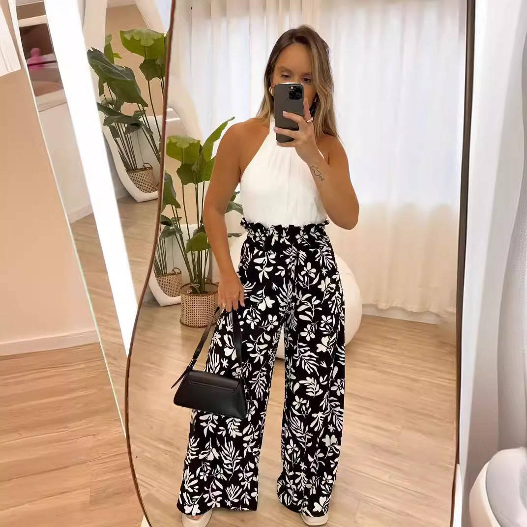 Printed Elastic Waist Loose Trousers