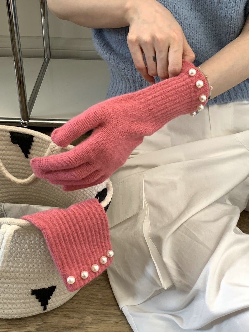 Solid Color Knitted Pearl Warm Knitted Gloves