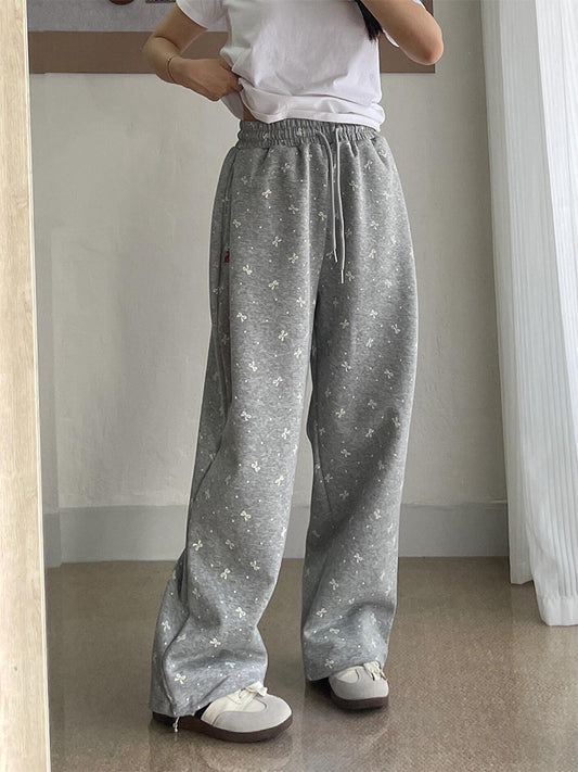 Vintage sløjfe-polkadot træningsbukser til kvinder med lige, brede ben, casual bukser