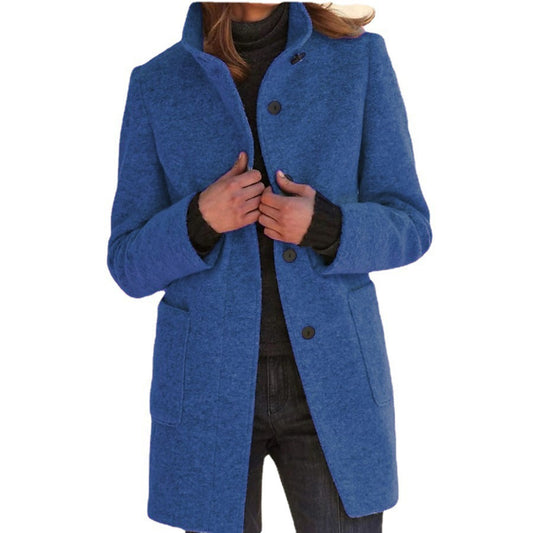 New Retro Solid Color Buttoned Turtleneck Wool Coat