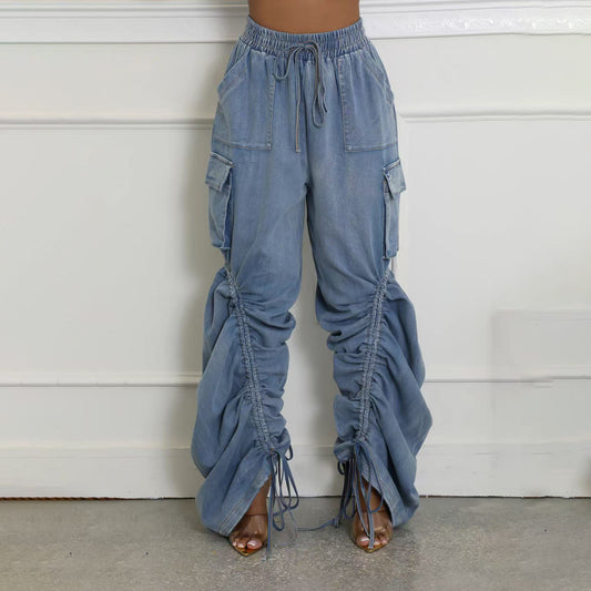 Jeans til kvinder med plisseringsdesign, moderigtige og løse