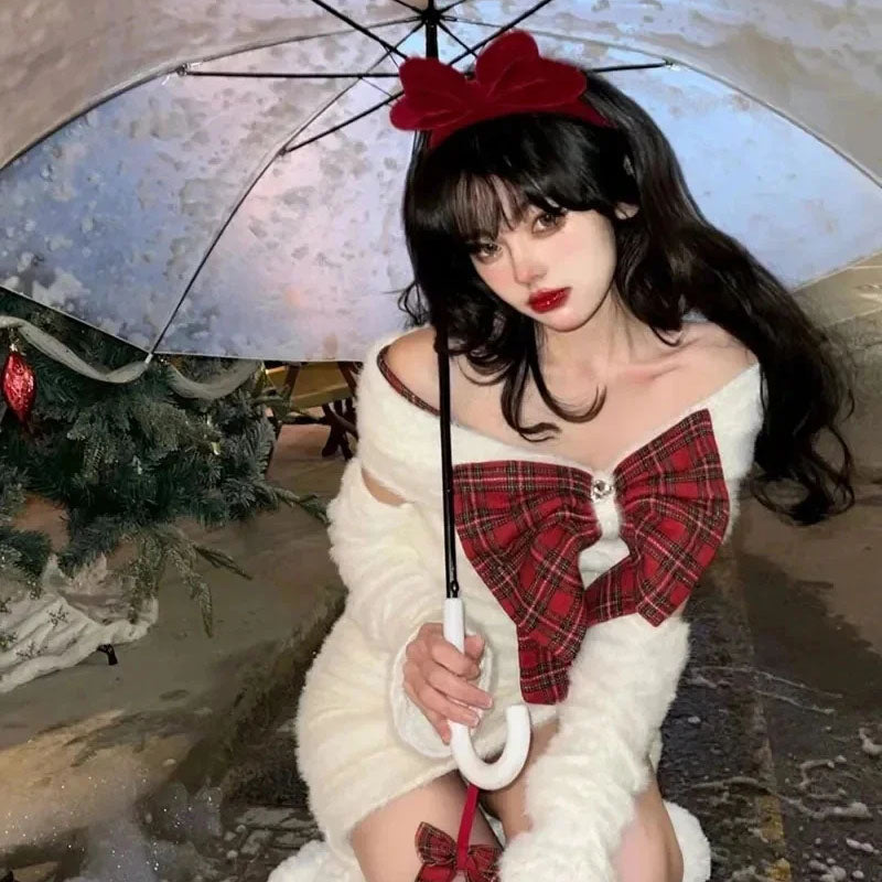 Women Off Shoulder Slim Faux Fur Christmas Party High Waist Slim Dress With Red Bow
