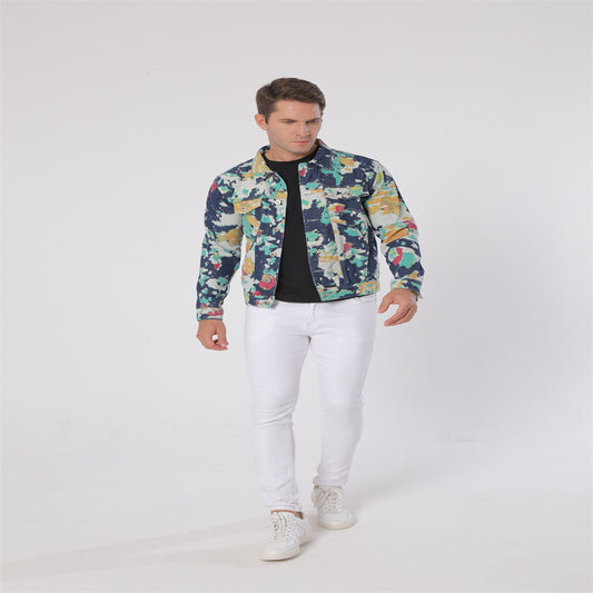Lapel Denim Camouflage Hand-painted Floral Cloth Long Sleeve Non-elastic Denim Coat Jacket