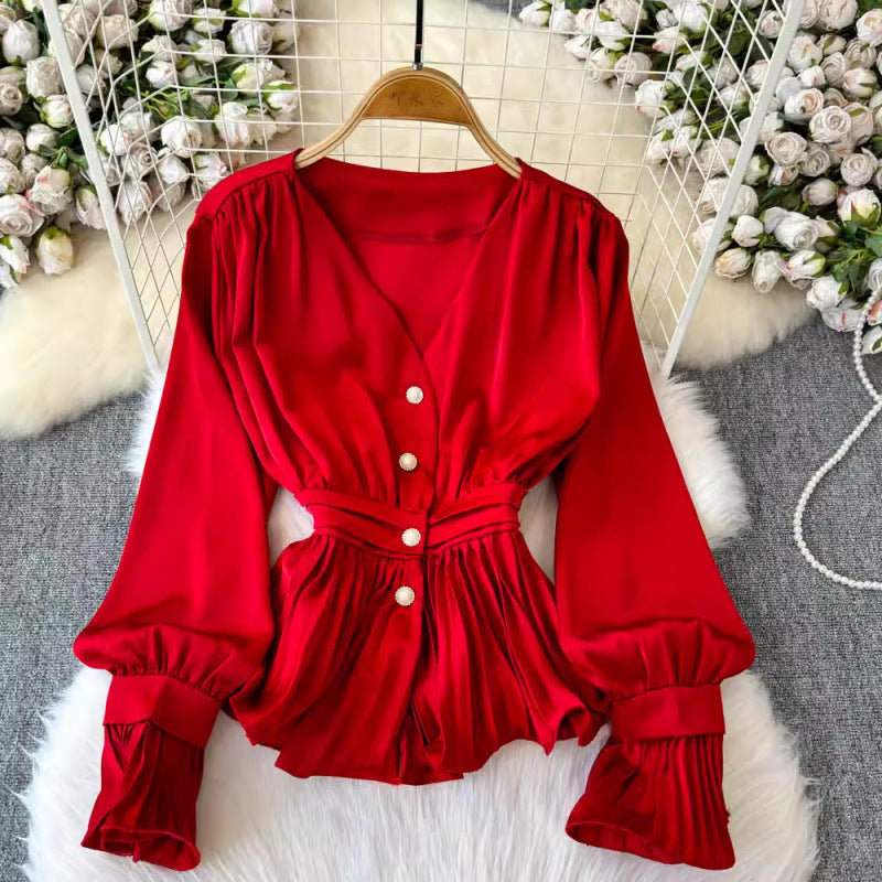 Temperament V-neck Long Sleeve Top Young French Minority