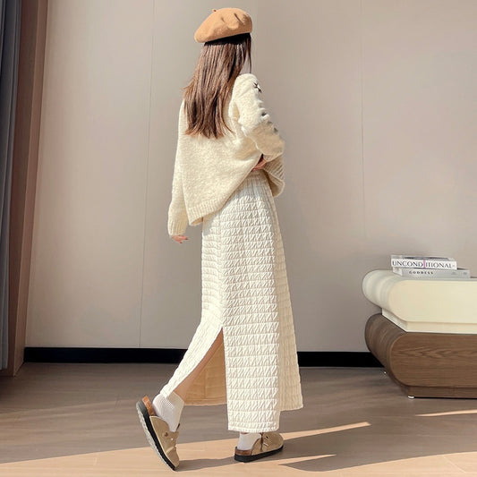 New FallWinter Plaid-Trimmed Denim Straight Skirt