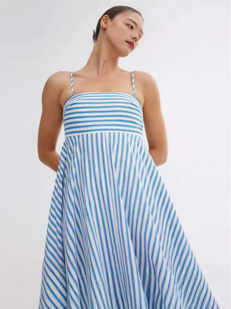 Elegant Printed Striped High-Waist Swing Dress