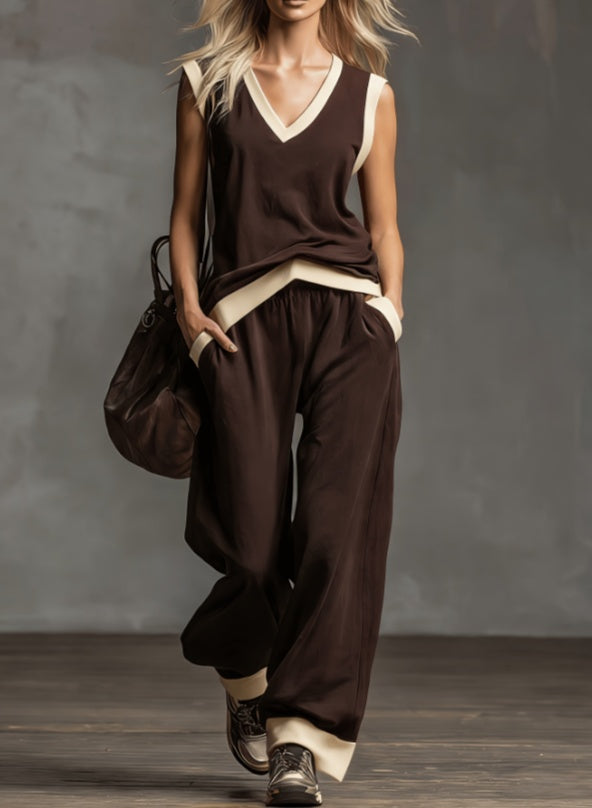 V-neck Sleeveless Wide Leg Set