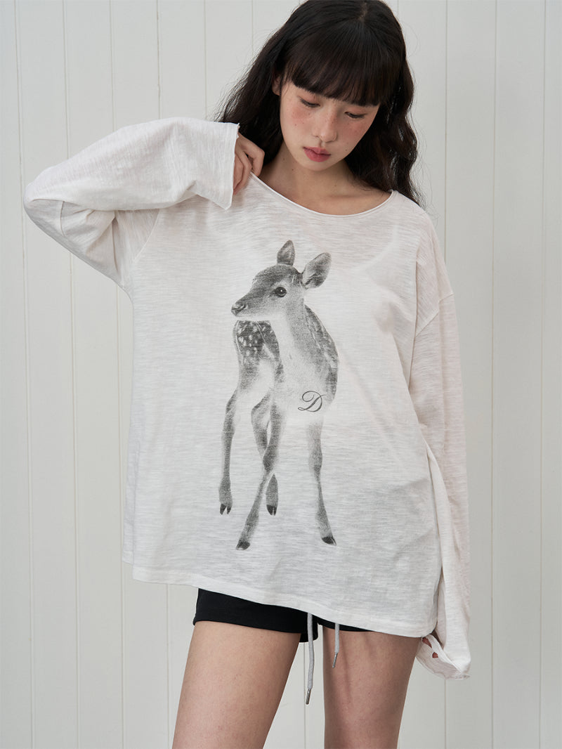 Off-the-shoulder Tunic With A Sika Deer Print Slightly Sheer Loose-fitting And Relaxed-style Long-sleeve T-shirt