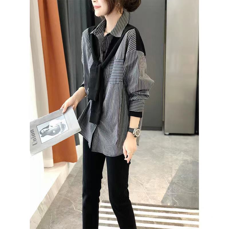 Women's All-match Loose Black And Gray Striped Top Shirt