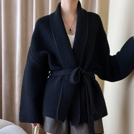 Womens Lace-Up Defined-Waist Relaxed-Fit Sweater Coat