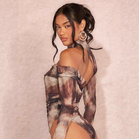 Long-sleeve Printed Sexy Off-shoulder Asymmetrical Halter Bodysuit