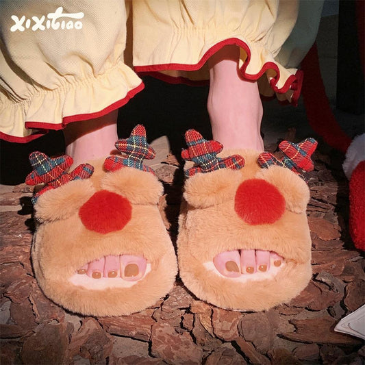 Indoor Cute One-word Cotton Slippers Autumn Women's Cartoon Fluffy Slippers