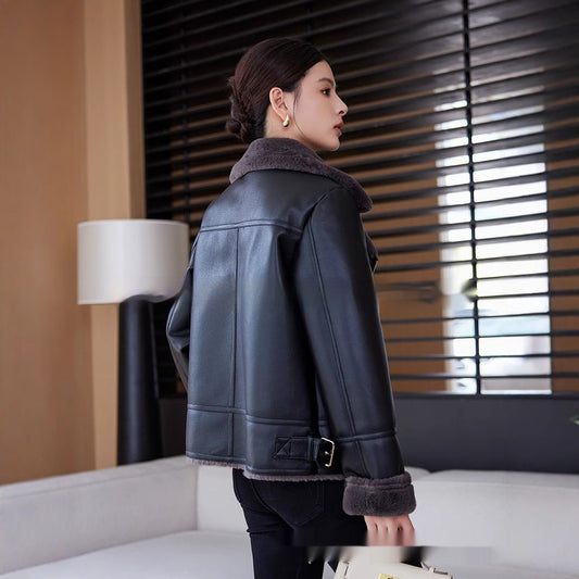 Fur Integrated Women's Mid-length Lamb Coat Winter Motorcycle Clothing
