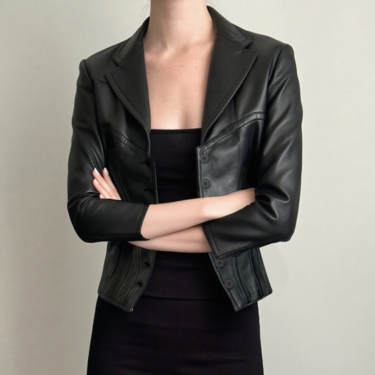 Dark Style Spicy Girl Short Style Lapel V-neck Leather Jacket For Women