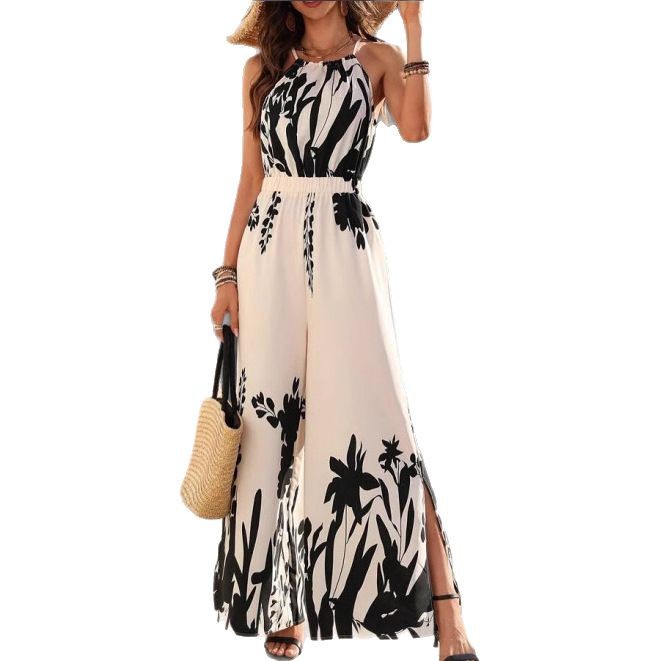 Jumpsuit til kvinder med spaghettistropper, blomsterprint og vide ben