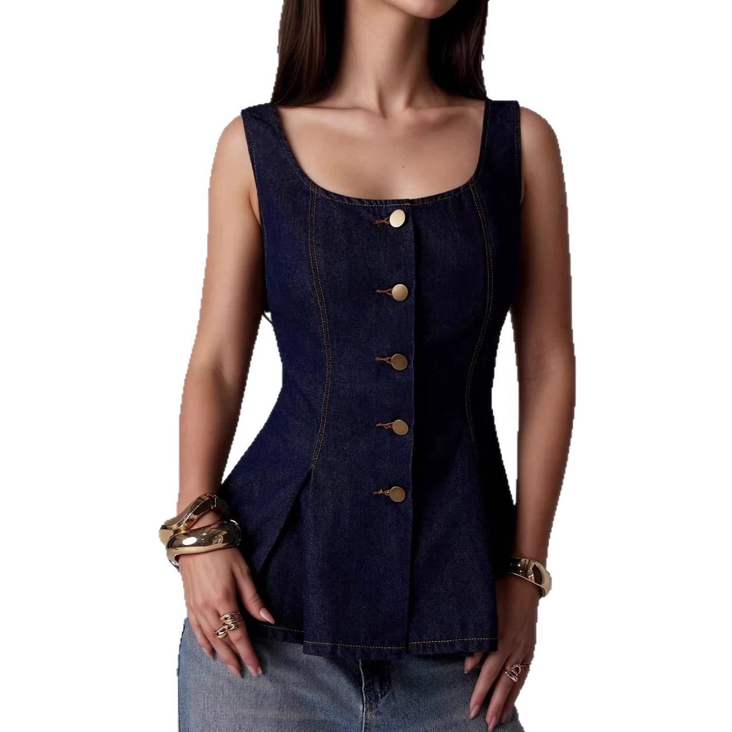 Golden Buttoned Cotton-Polyester Denim-Style Vest
