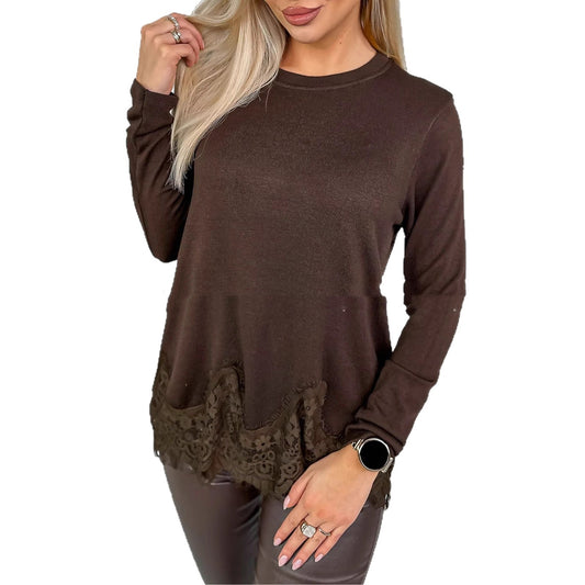 Seamless Long-sleeve Crew-neck Top With An Asymmetrical Hem