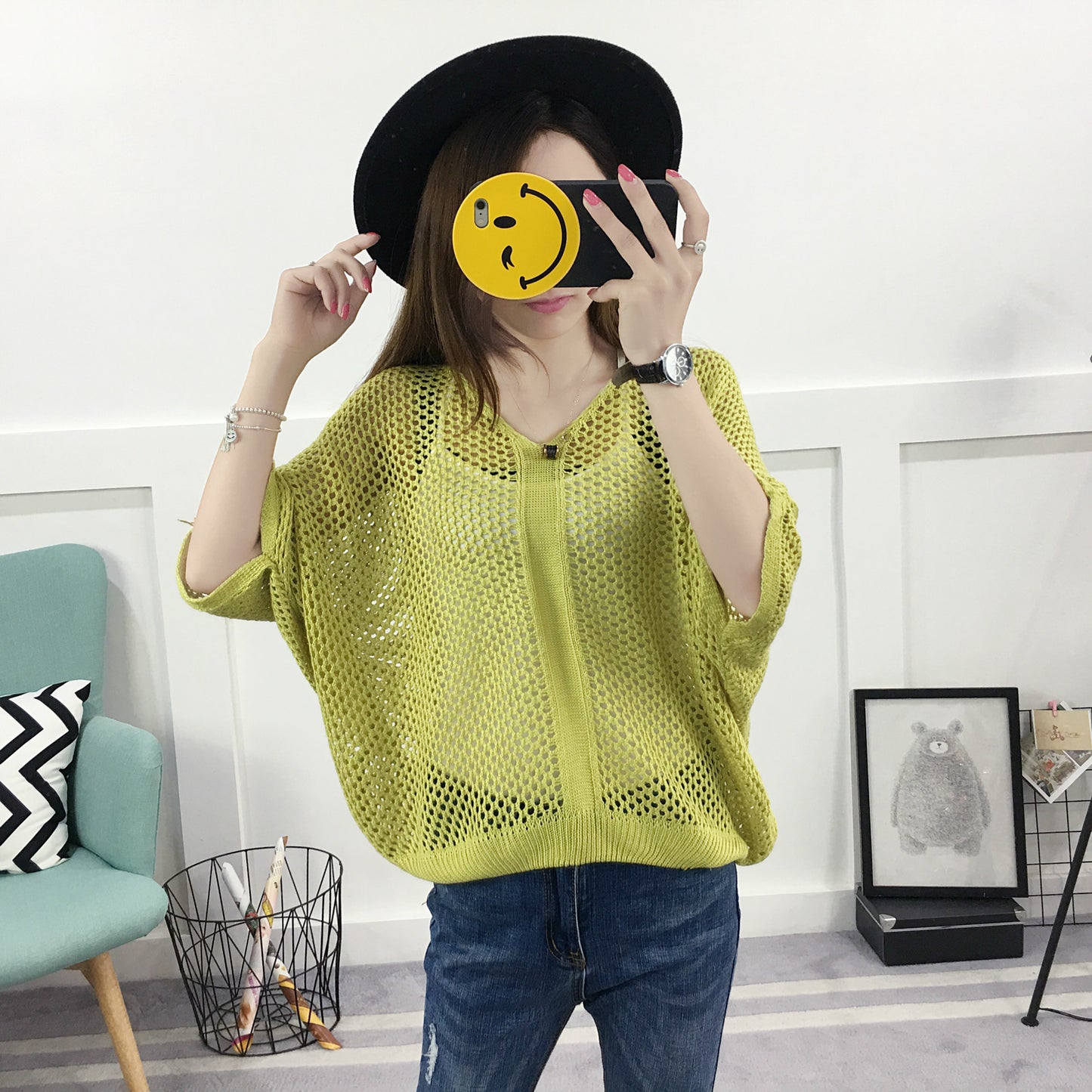 Spring And Summer Loose V-neck Hollow Sweater