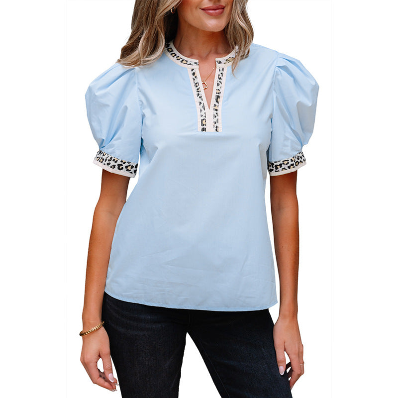 Pullover V-neck Puff Sleeve Chiffon Shirt