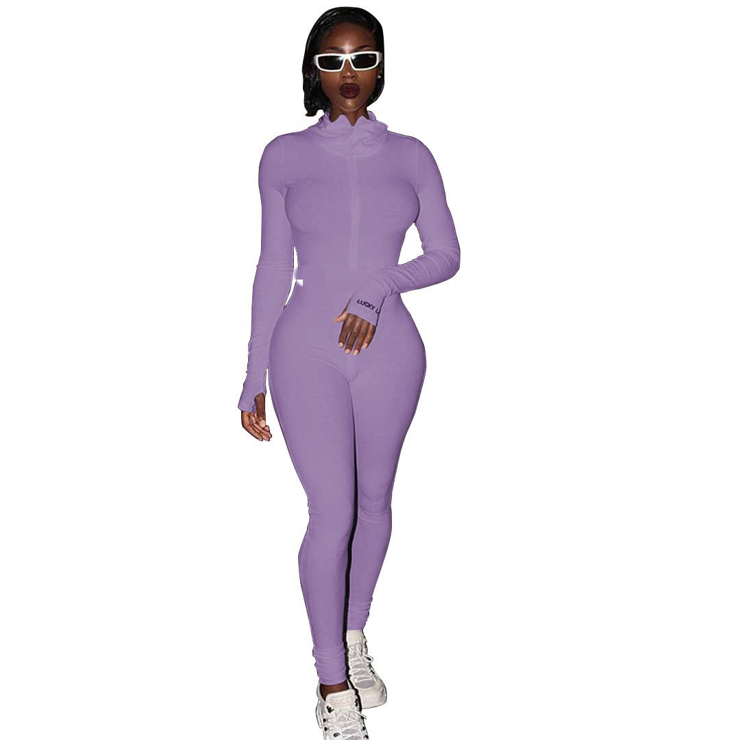 Dame lynlås stretch rullekrave og broderet slim fit fitness jumpsuit yogasæt